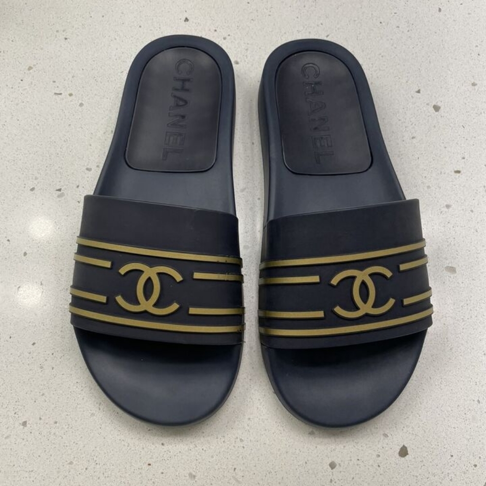 chanel navy gold mules pool slipper size 38